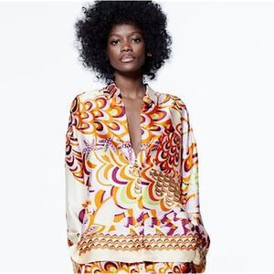 ZARA Printed Top Satin Pajama Shirt Silky Blouse Size XS • BLOGGER FAVORITE